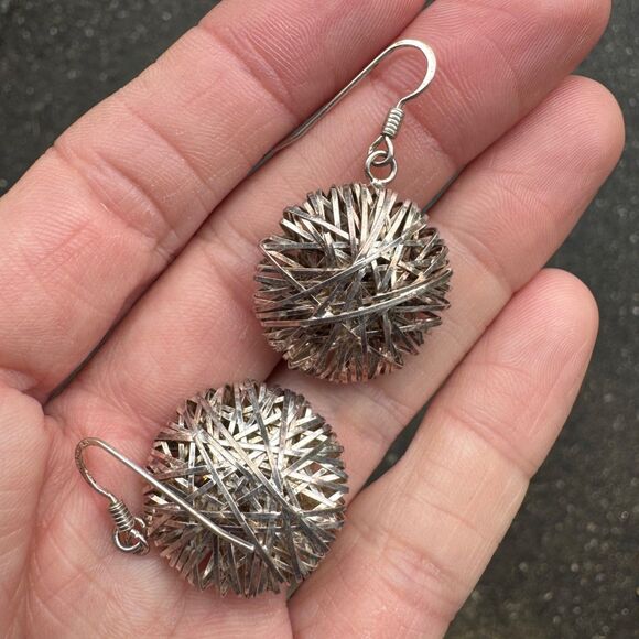 MILOR Italy Sterling Silver 925 Wire Mesh Dangle Earrings Vintage Round Puffy - Picture 5 of 10